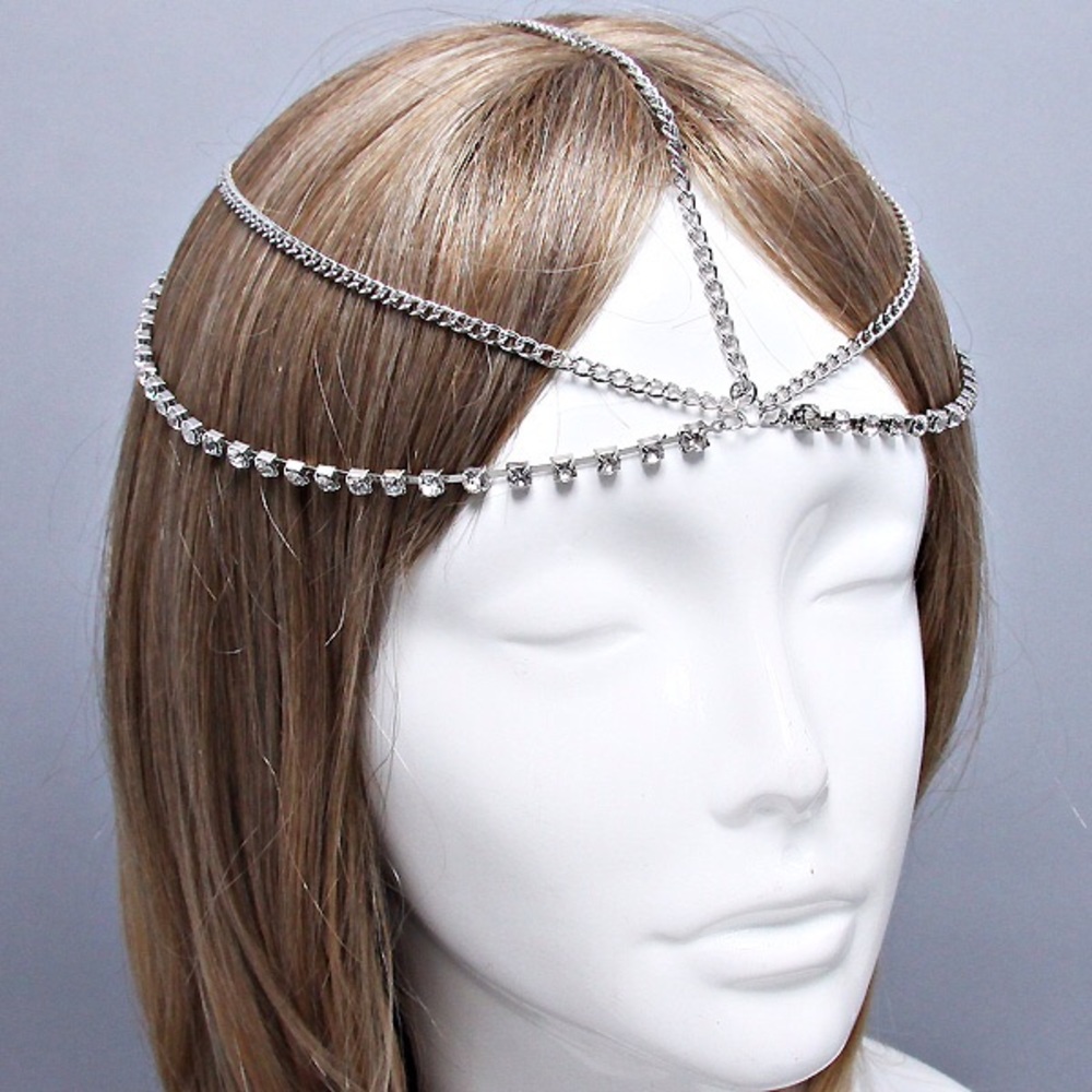 Silver Head Chain Hair Body Jewelry Clear Crystal